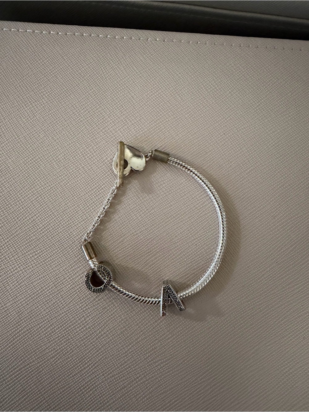 Pandora Silver Bracelet with 'A' Initial and Pavé Circle Charm